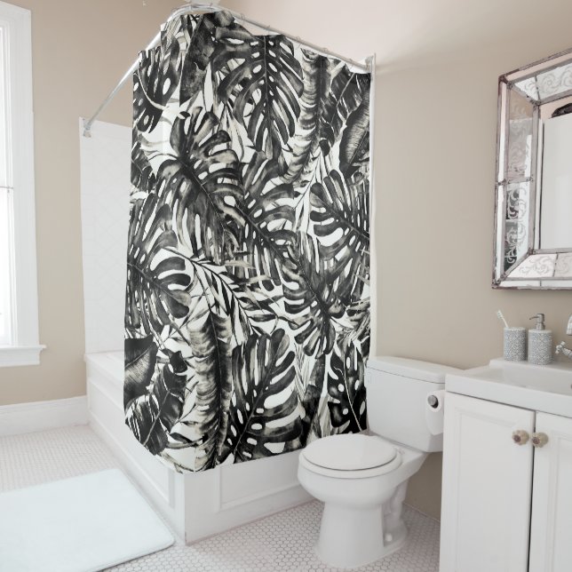 Black & White Tropical Palm Leaves Island Chic Shower Curtain (In Situ)
