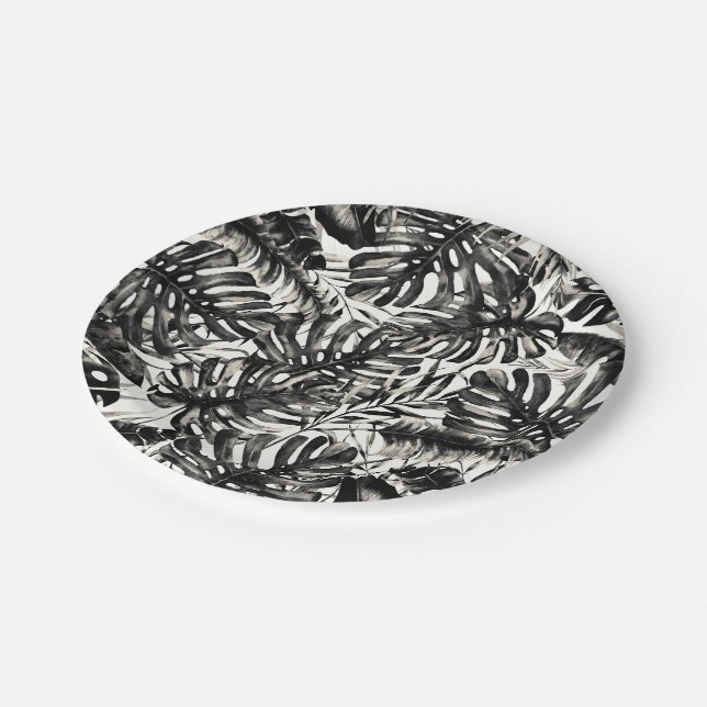 Black & White Tropical Palm Leaves Wedding  Paper Plate (Angled)