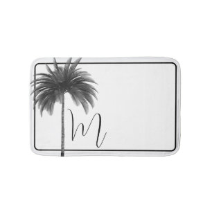 Black White Tropical  Palm Tree Elegant Bath Mat