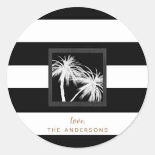 Black & White Tropical Palm Trees Modern Wedding Classic Round Sticker