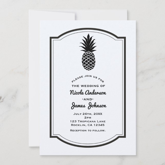 Black & White Tropical Pineapple Elegant Chic Invitation (Front)
