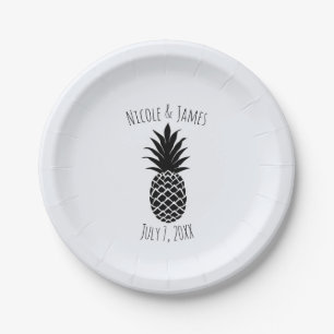 Black & White Tropical Pineapple Elegant Chic Paper Plate