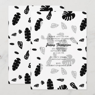 Black & White Tropical Summer Leaves Birthday  Invitation