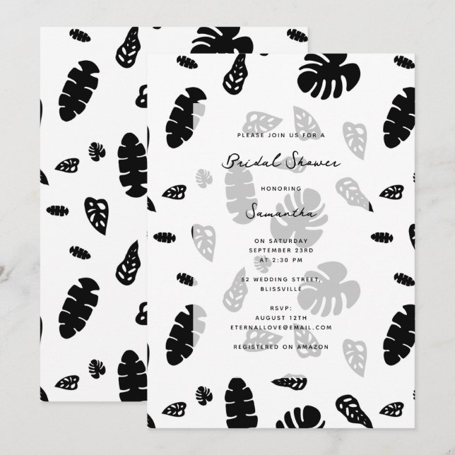Black & White Tropical Summer Leaves Bridal Shower Invitation (Front/Back)