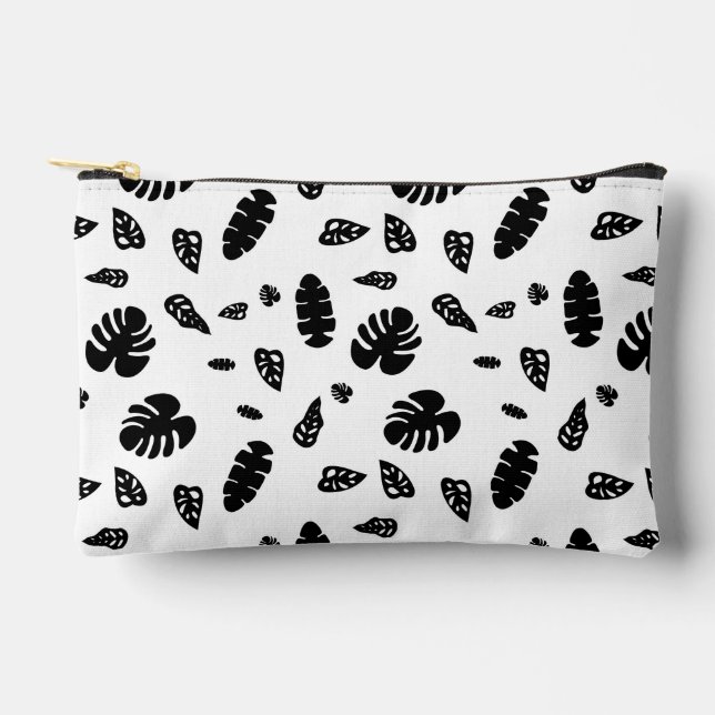 Black & White Tropical Summer Leaves Pattern Accessory Pouch (Front)