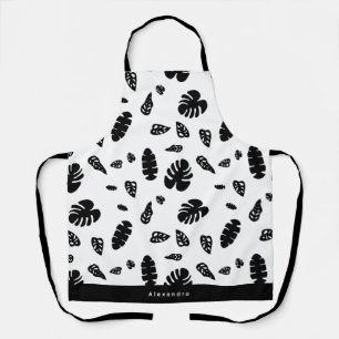 Black & White Tropical Summer Leaves Pattern Apron