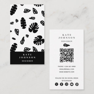 Black & White Tropical Summer Leaves Pattern Business Card