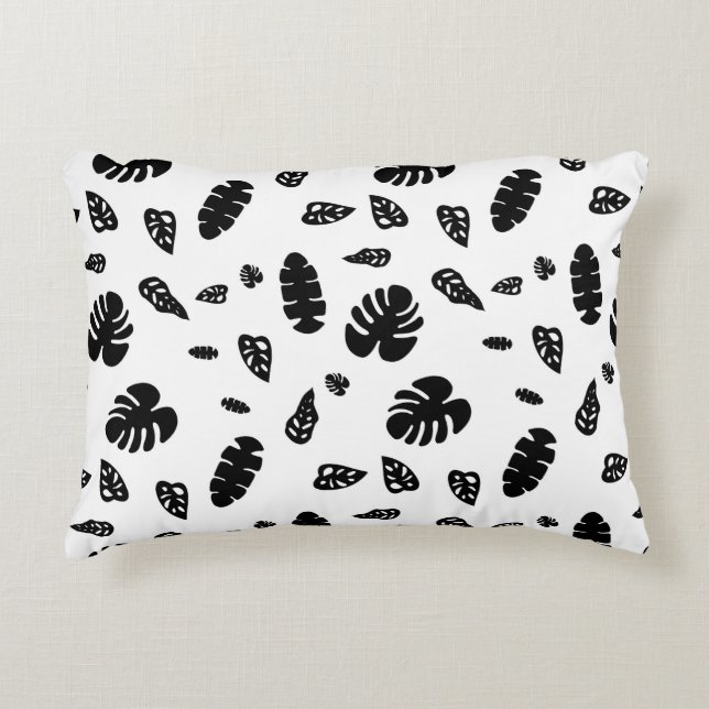 Black & White Tropical Summer Leaves Pattern Decorative Cushion (Front)