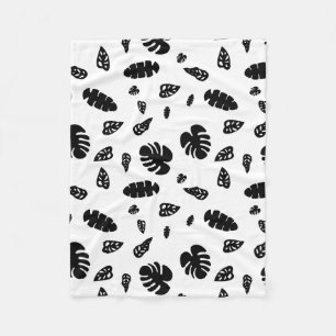 Black & White Tropical Summer Leaves Pattern Fleece Blanket