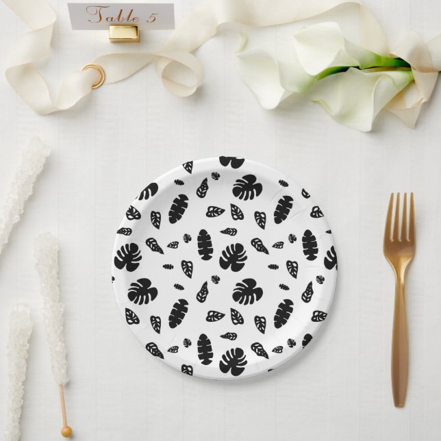 Black & White Tropical Summer Leaves Pattern Paper Plate (Wedding)