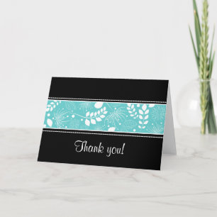 Black white turquoise border Thank you card