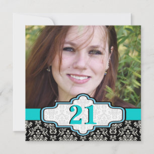 Black white turquoise damask 21st birthday photo invitation