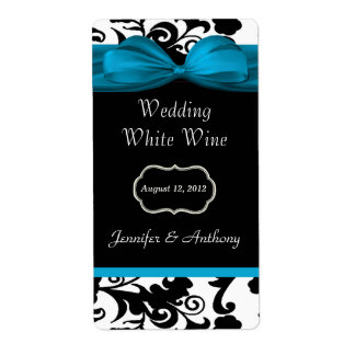 Black, White & Turquoise Damask Mini Wine Labels