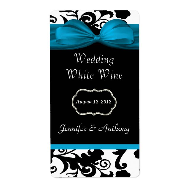 Black, White & Turquoise Damask Mini Wine Labels (Front)