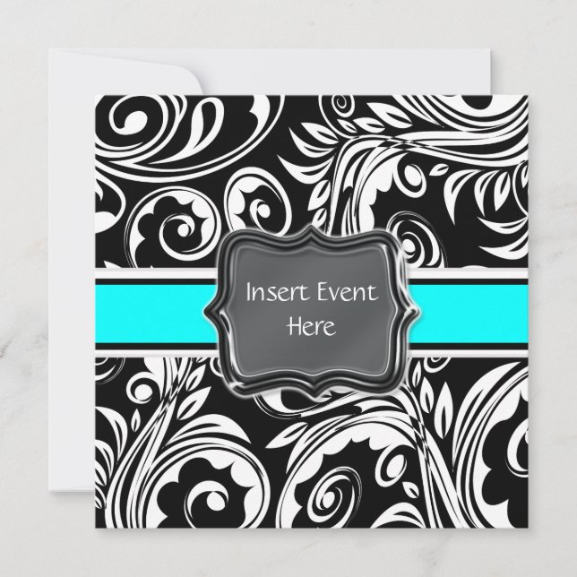 Black white turquoise engagement wedding invitation (Front)
