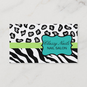 Black, White, Turquoise & Green Zebra & Cheetah Business Card