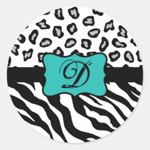 Black White Turquoise Zebra Leopard Skin Monogram Classic Round Sticker