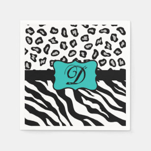 Black White Turquoise Zebra Leopard Skin Monogram Napkin