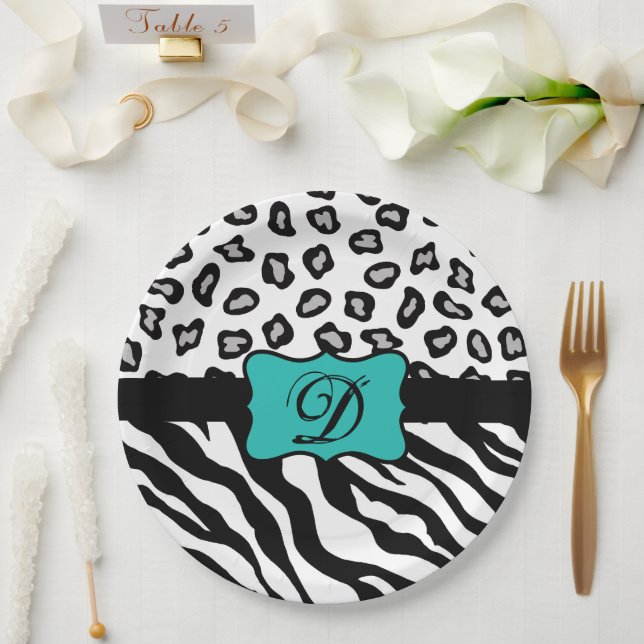 Black White Turquoise Zebra Leopard Skin Monogram Paper Plate (Wedding)