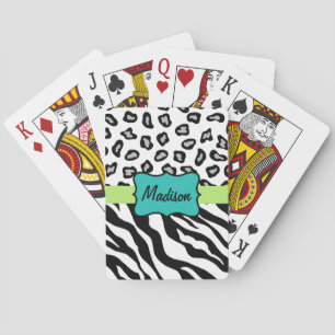 Black White Turquoise Zebra Leopard Skin Name Playing Cards