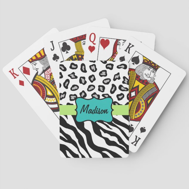 Black White Turquoise Zebra Leopard Skin Name Playing Cards (Back)