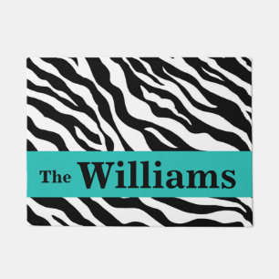 Black White Turquoise Zebra Skin Name Personalised Doormat