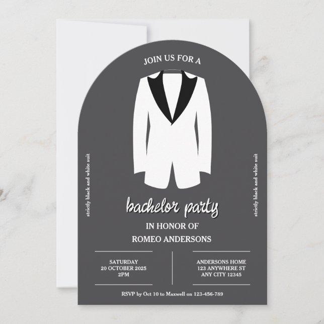 Black White Tuxedo Bachelor Party Invitation (Front)
