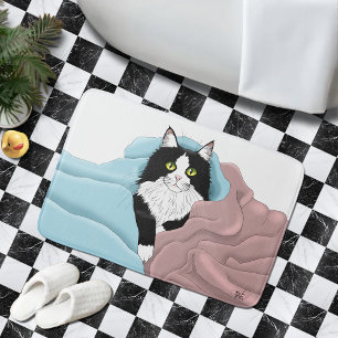 Black White Tuxedo Cat Blankets Cute Blue Pink  Bath Mat