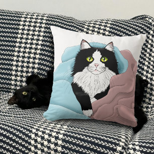 Black White Tuxedo Cat Blankets Cute Blue Pink Cushion