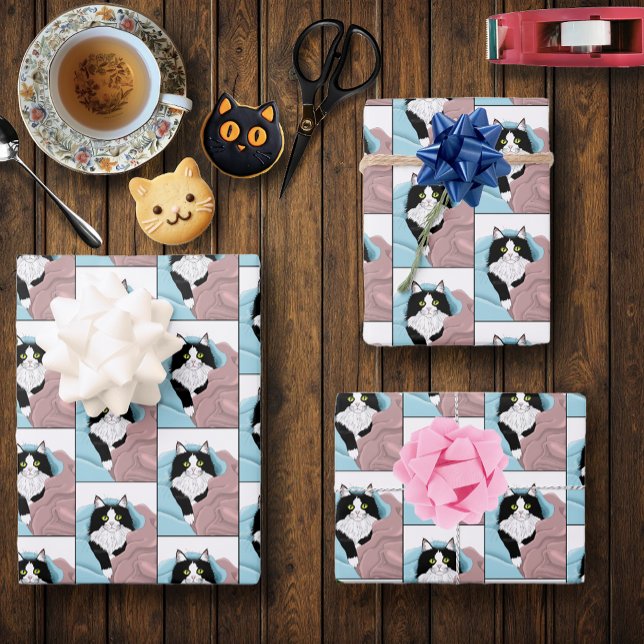 Black White Tuxedo Cat Blankets Cute Blue Pink  Wrapping Paper Sheet (Creator Uploaded)