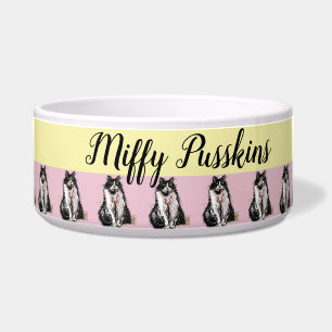 Black White Tuxedo Cat Cats pet Water Food Bowl
