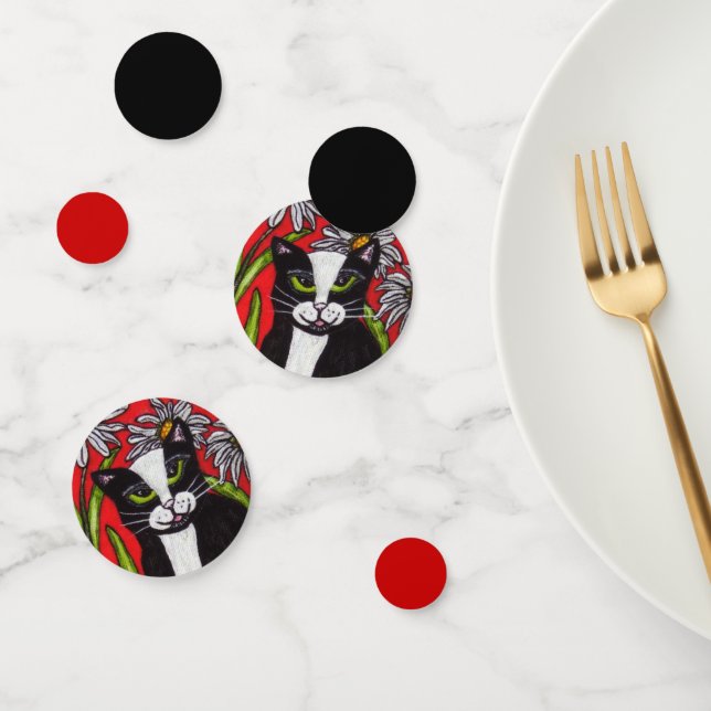 Black White Tuxedo Cat Daisies Red Black Confetti (Group)