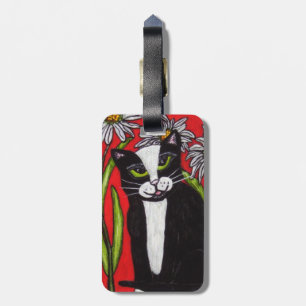 Black White Tuxedo Cat Daisy Flowers Red Luggage Tag