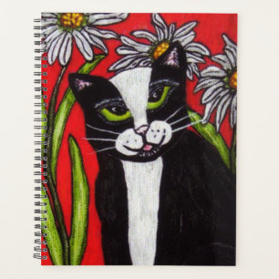 Black White Tuxedo Cat Green Eyes Daisy Flowers Planner