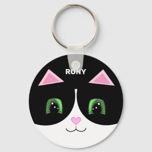 Black & White Tuxedo Cat Happy Face Key Ring
