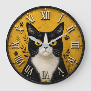 Black & White Tuxedo Cat Home Decor Large Clock