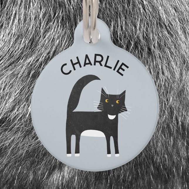 Black White Tuxedo Cat Personalised Pet Tag (Fun black and white Tuxedo cat pet tag with personalized custom name and details)