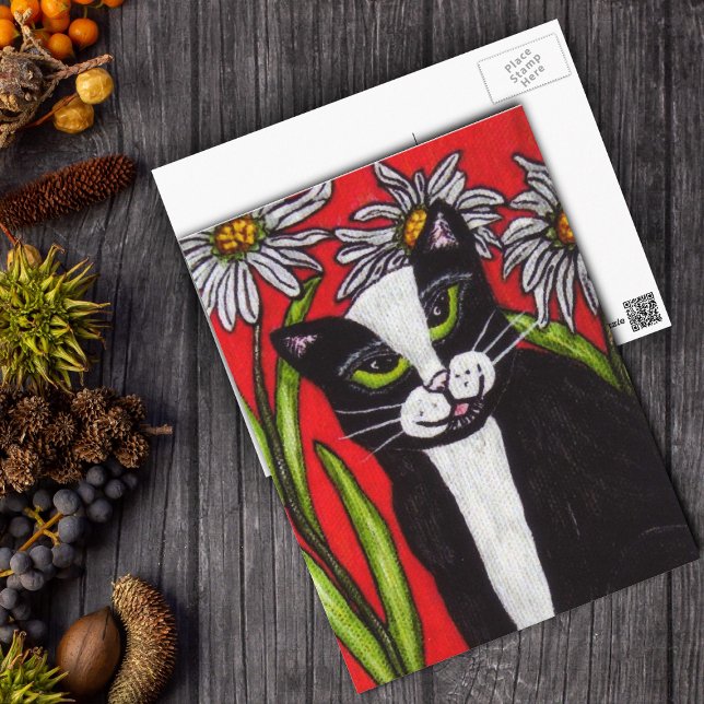 Black White Tuxedo Cat White Daisies Vibrant Red Postcard (Tuxedo cat green eyes daisy flowers with leaves on vibrant red postcard.)