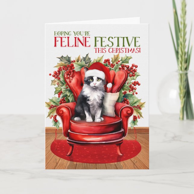 Black White Tuxedo Christmas Cat FELINE Festive Holiday Card (Front)
