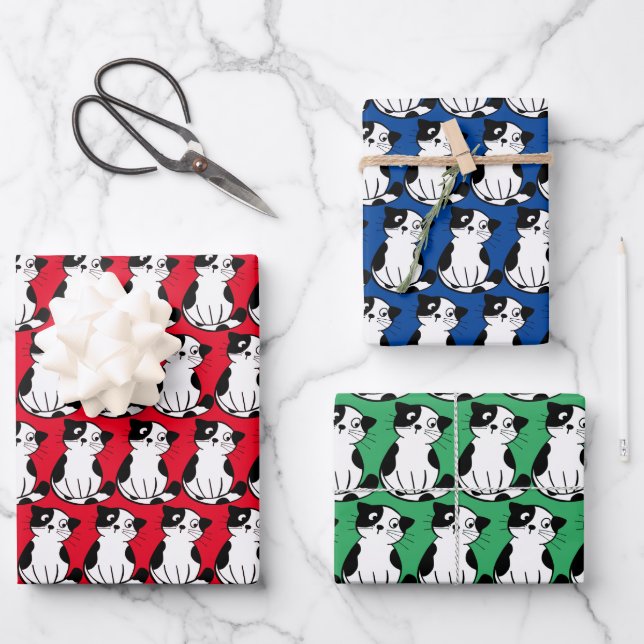 Black White Tuxedo Kitty Design Wrapping Paper (Front)