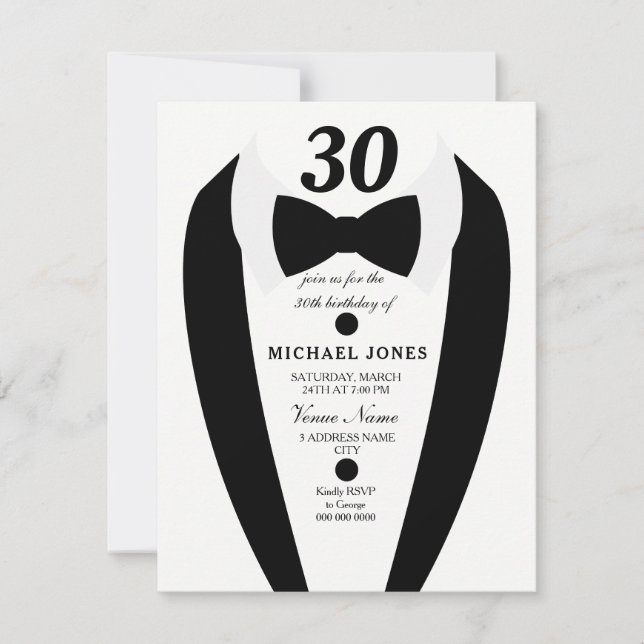 Black white Tuxedo Mens 30th Birthday Party Invite (Front)