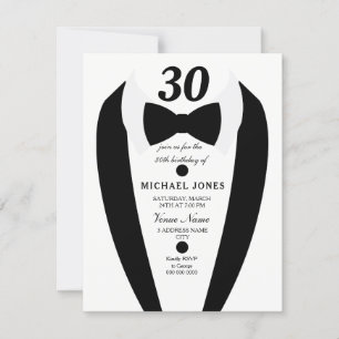 Black white Tuxedo Mens 30th Birthday Party Invite