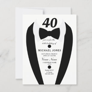 Black white Tuxedo Mens 40th Birthday Party Invite