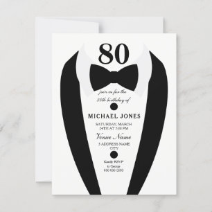 Black white Tuxedo Mens 80th Birthday Party Invite