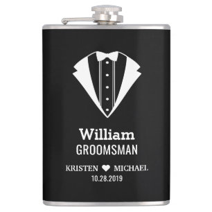 Black White Tuxedo Suit Groom Groomsman Wedding Hip Flask