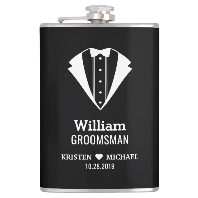 Black White Tuxedo Suit Groom Groomsman Wedding Hip Flask (Front)