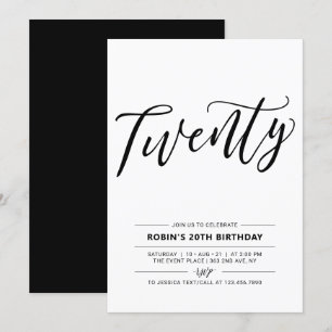 Black & White Twenty Minimal 20th Birthday Party Invitation