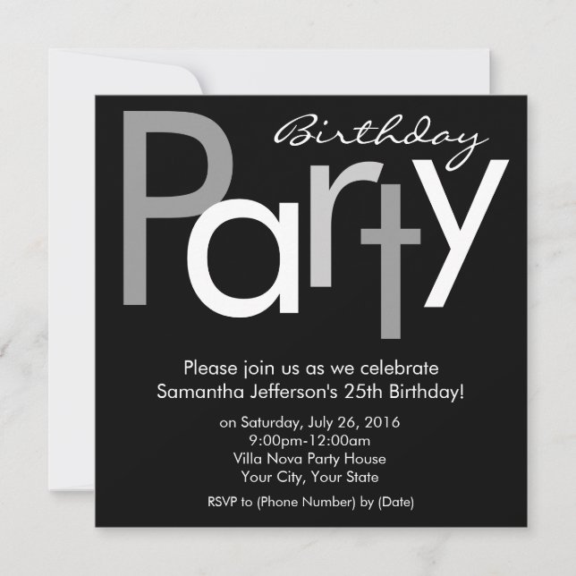 Black White Type Square Birthday Party Invitation (Front)