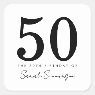 Black White Typography Fifty 50th Birthday Square Sticker