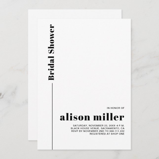 Black, white typography minimalist bridal shower invitation (Front/Back)